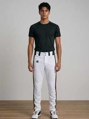 NWT Men's Straight Leg White Baseball Pants with Black & Gold Side Stripe MEDIUM